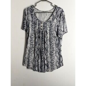 Popyoung Womens Snakeskin Print Henley Tunic Top Grey White Short Sleeve Large
